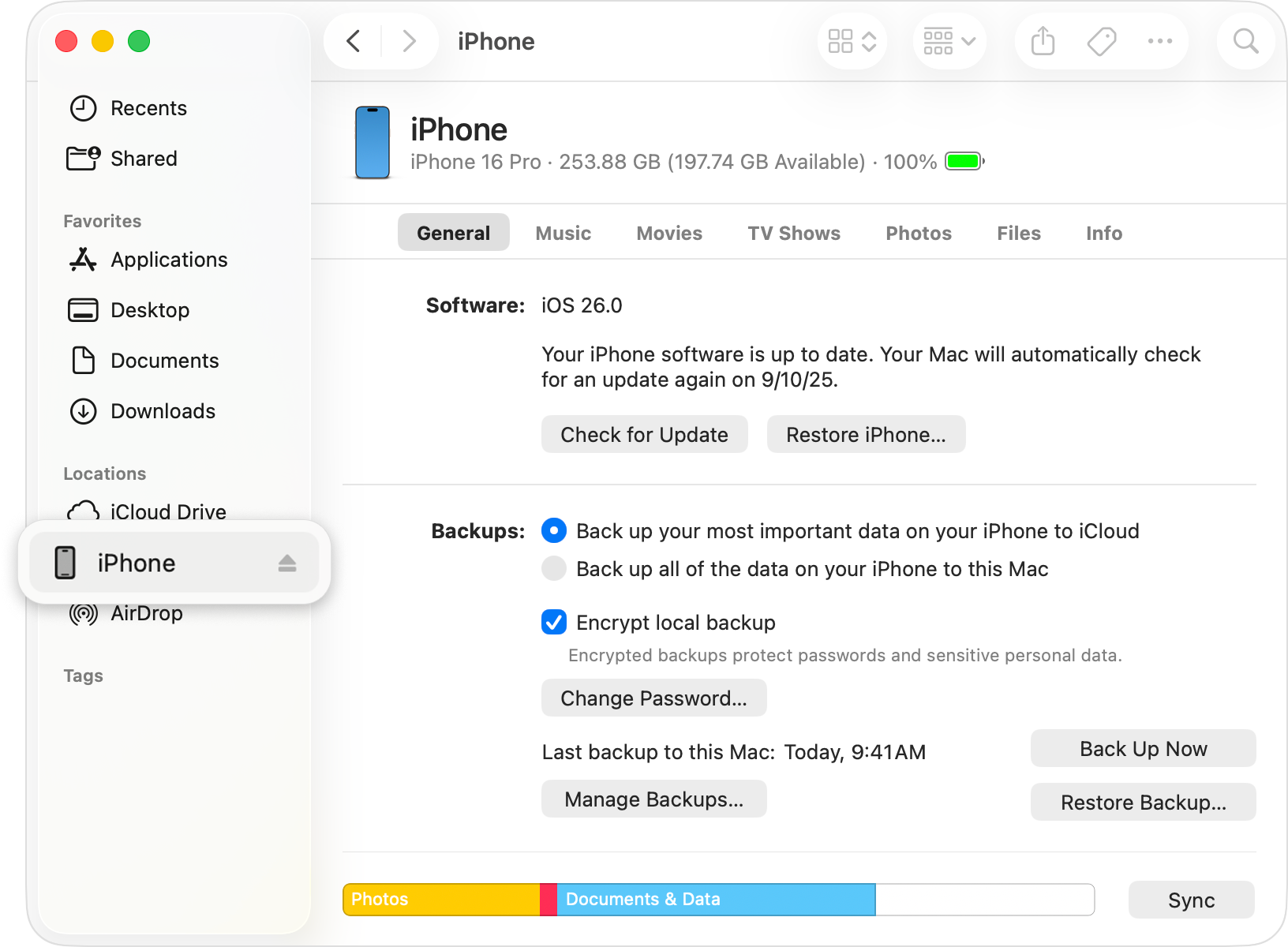 An iPhone listed under Locations in the Finder sidebar.
