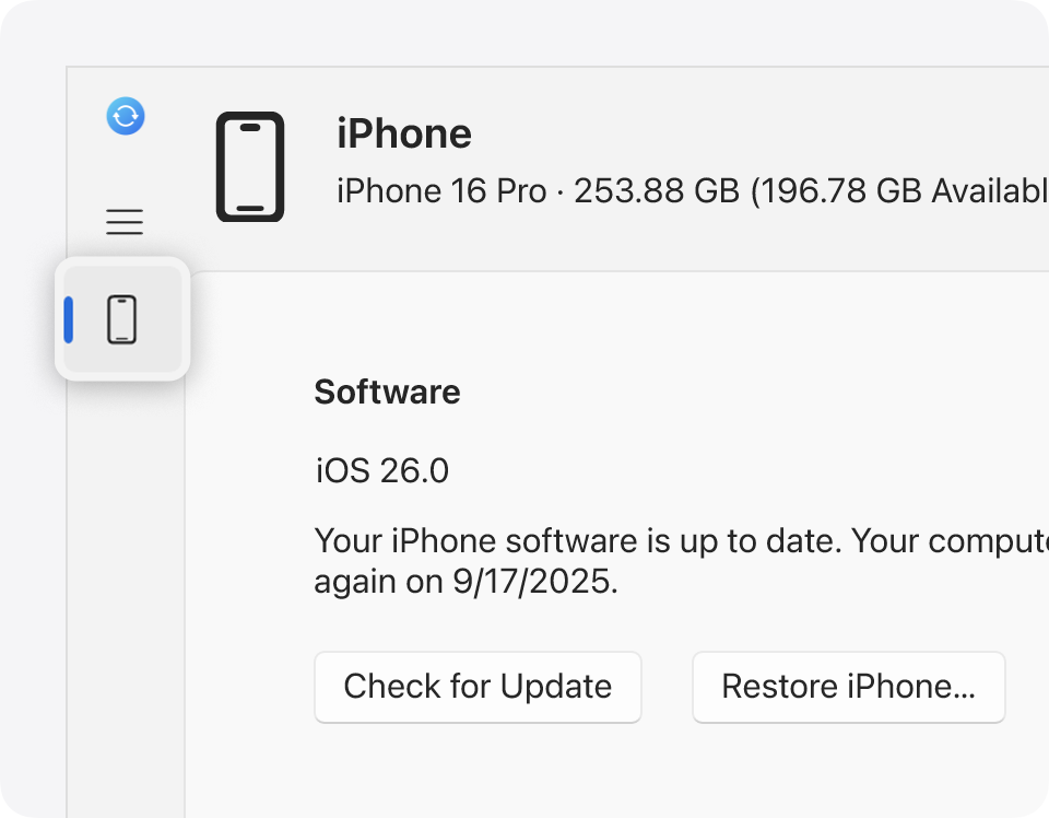 An iPhone listed under Locations in the Finder sidebar.